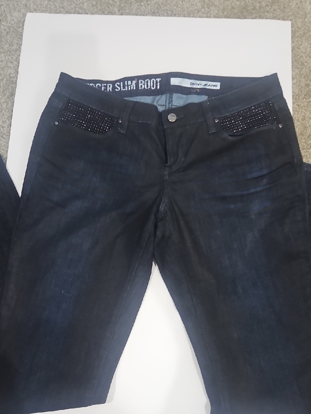 DKNY Dark Blue Bootcut Jeans with Rhinestone Pocket Detail